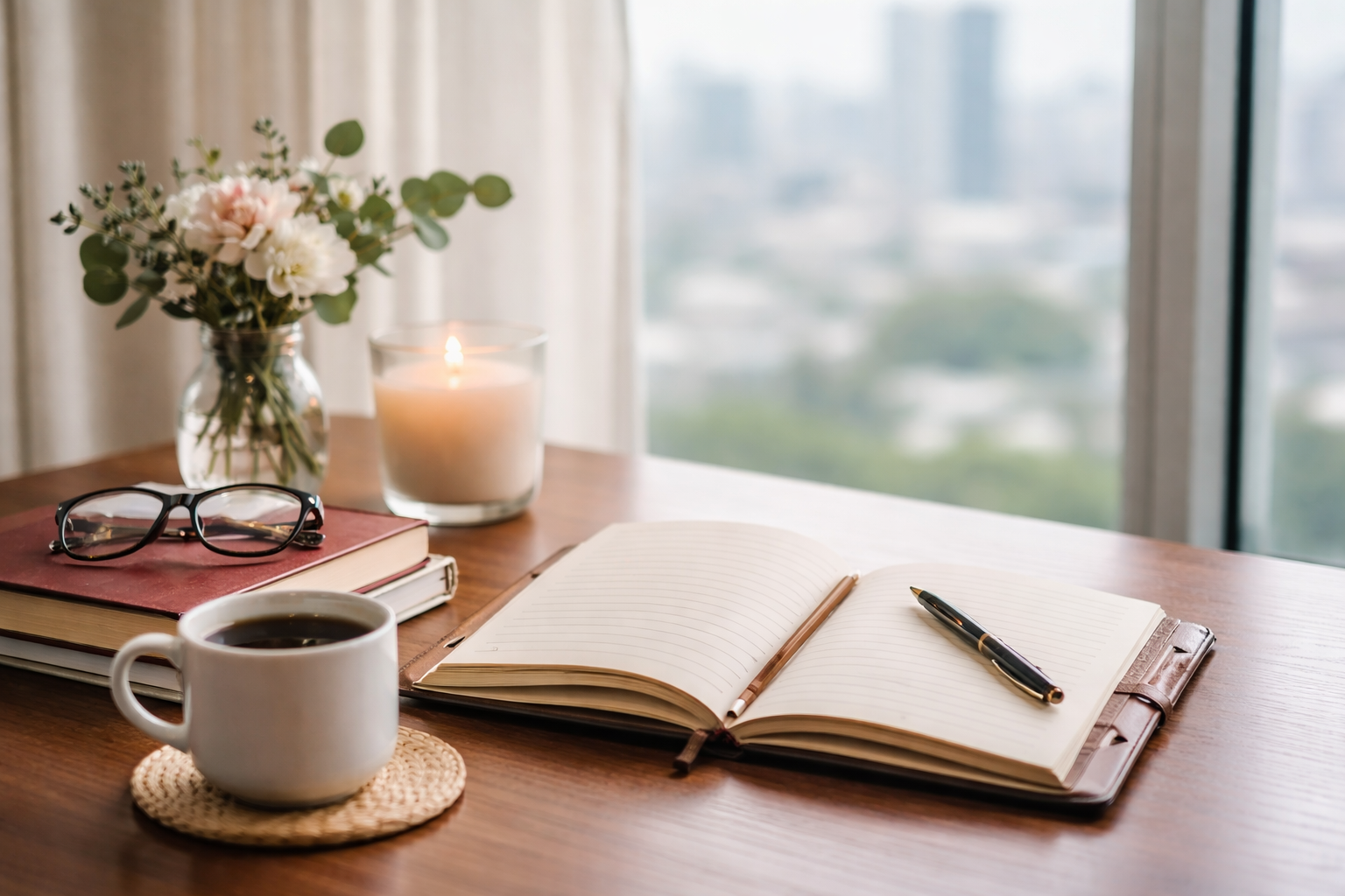 A calm workspace with journal, candle, and soft light