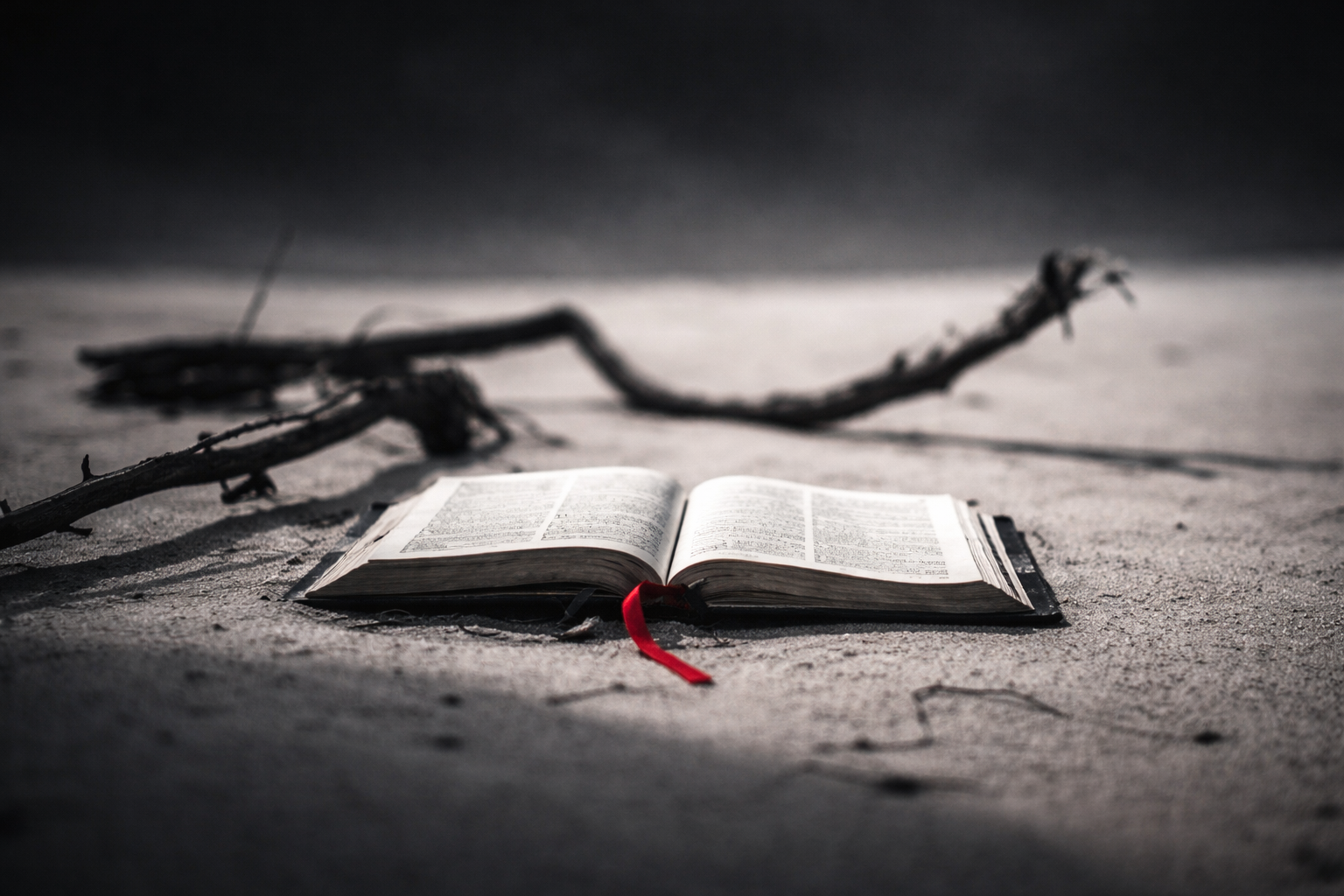 Open Bible with shadows and a red ribbon, representing discernment and betrayal